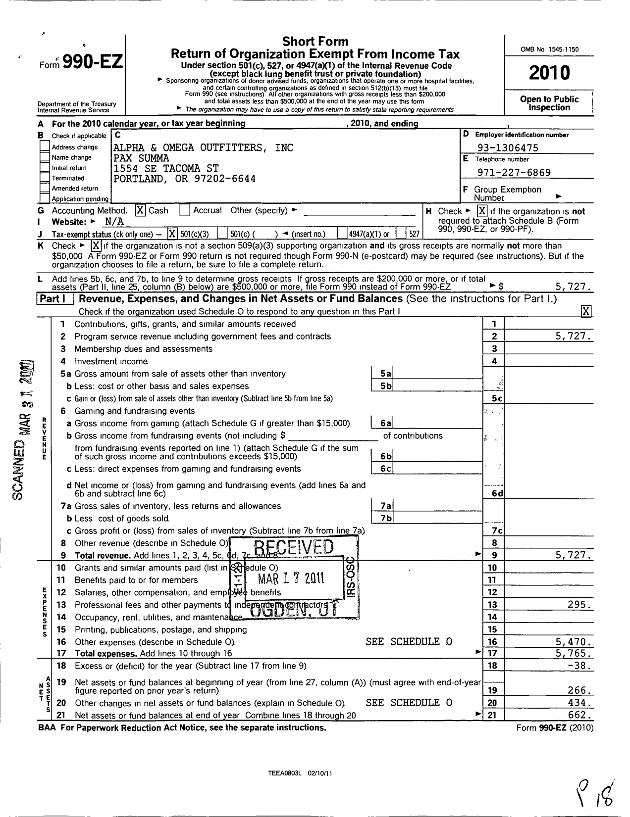 Image of first page of 2010 Form 990EZ for Alpha and Omega Outfitters