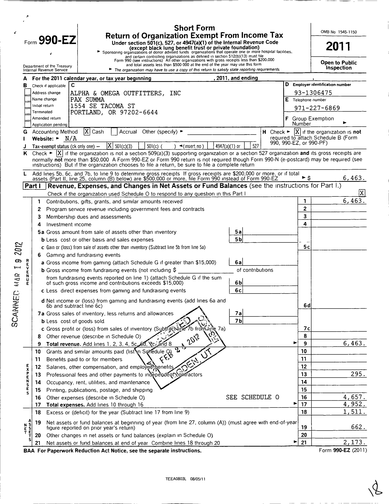 Image of first page of 2011 Form 990EZ for Alpha and Omega Outfitters