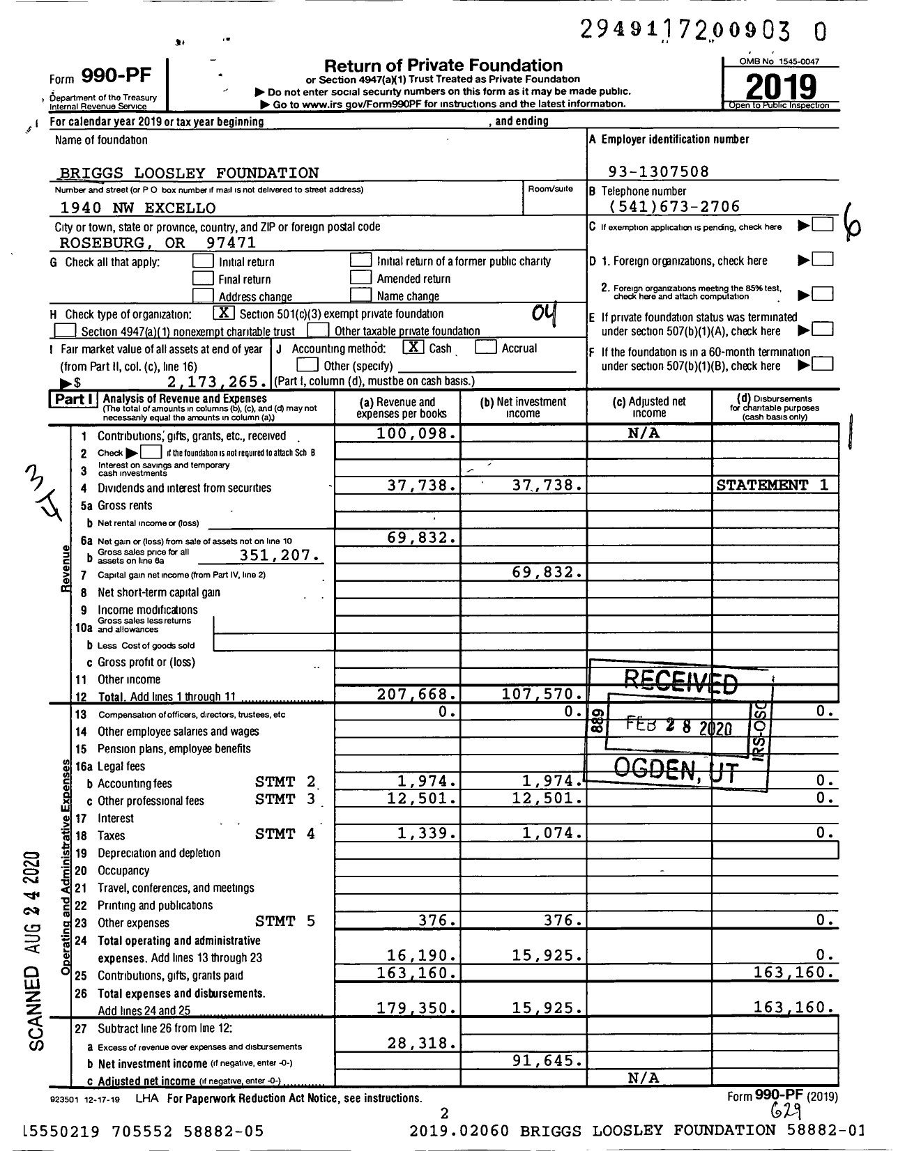 Image of first page of 2019 Form 990PR for Briggs Loosley Foundation