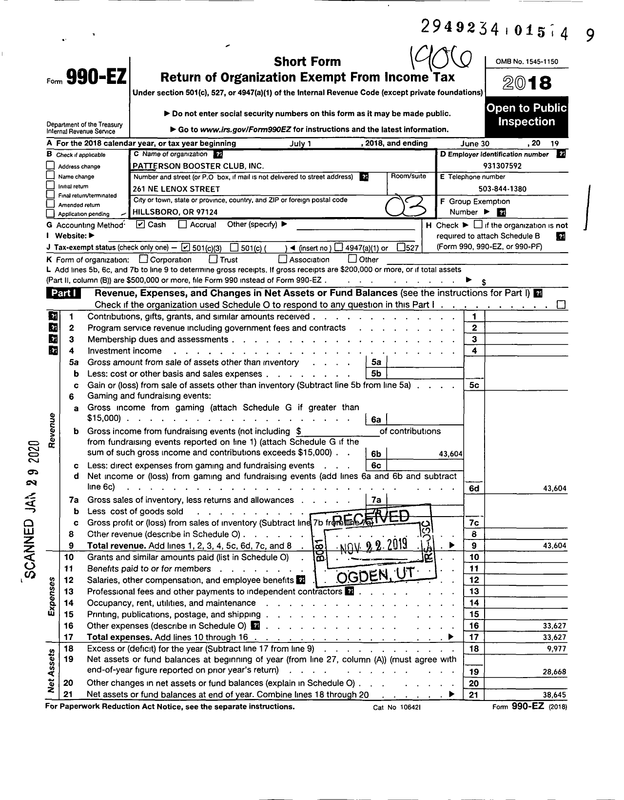 Image of first page of 2018 Form 990EZ for Patterson Booster Club