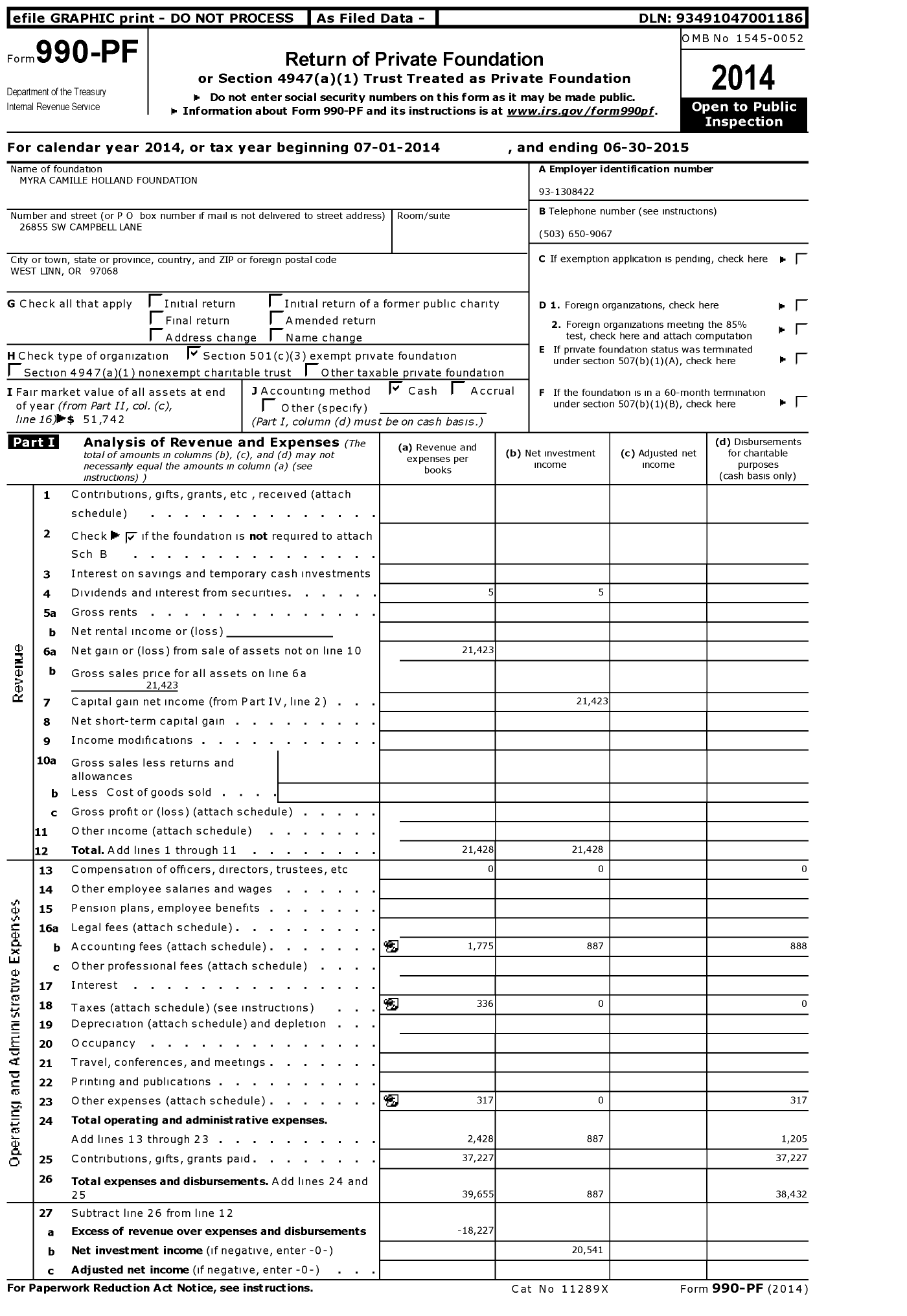 Image of first page of 2014 Form 990PF for Myra Camille Holland Foundation