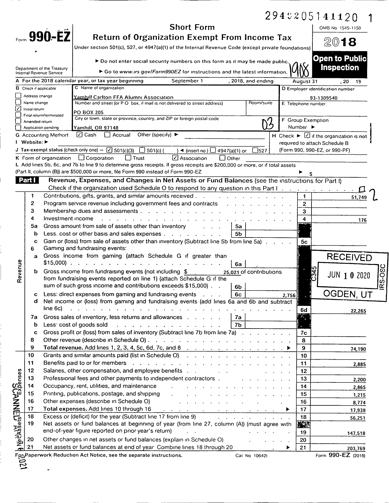 Image of first page of 2018 Form 990EZ for Future Farmers of America - 36042 Yamhill-Carlton Ffa Alumni As