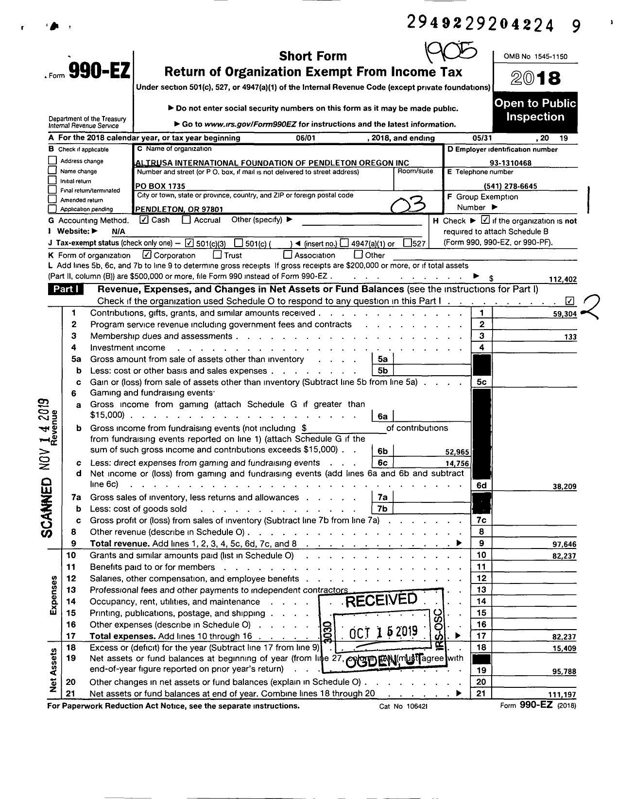 Image of first page of 2018 Form 990EZ for Altrusa International Foundation of Pendleton Oregon