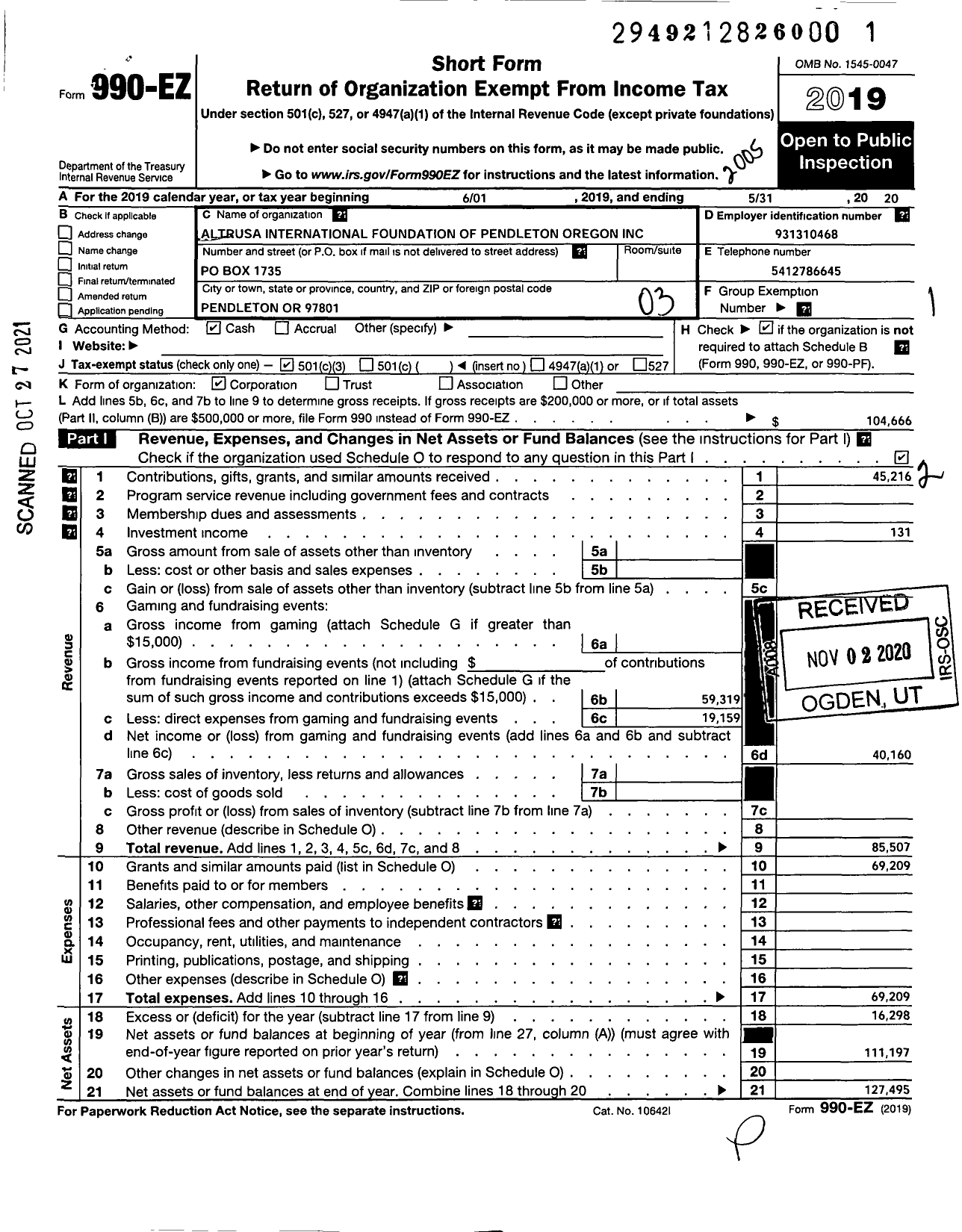 Image of first page of 2019 Form 990EZ for Altrusa International Foundation of Pendleton Oregon