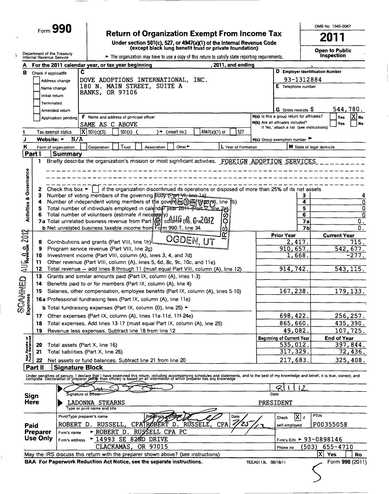 Image of first page of 2011 Form 990 for Dove Adoptions International