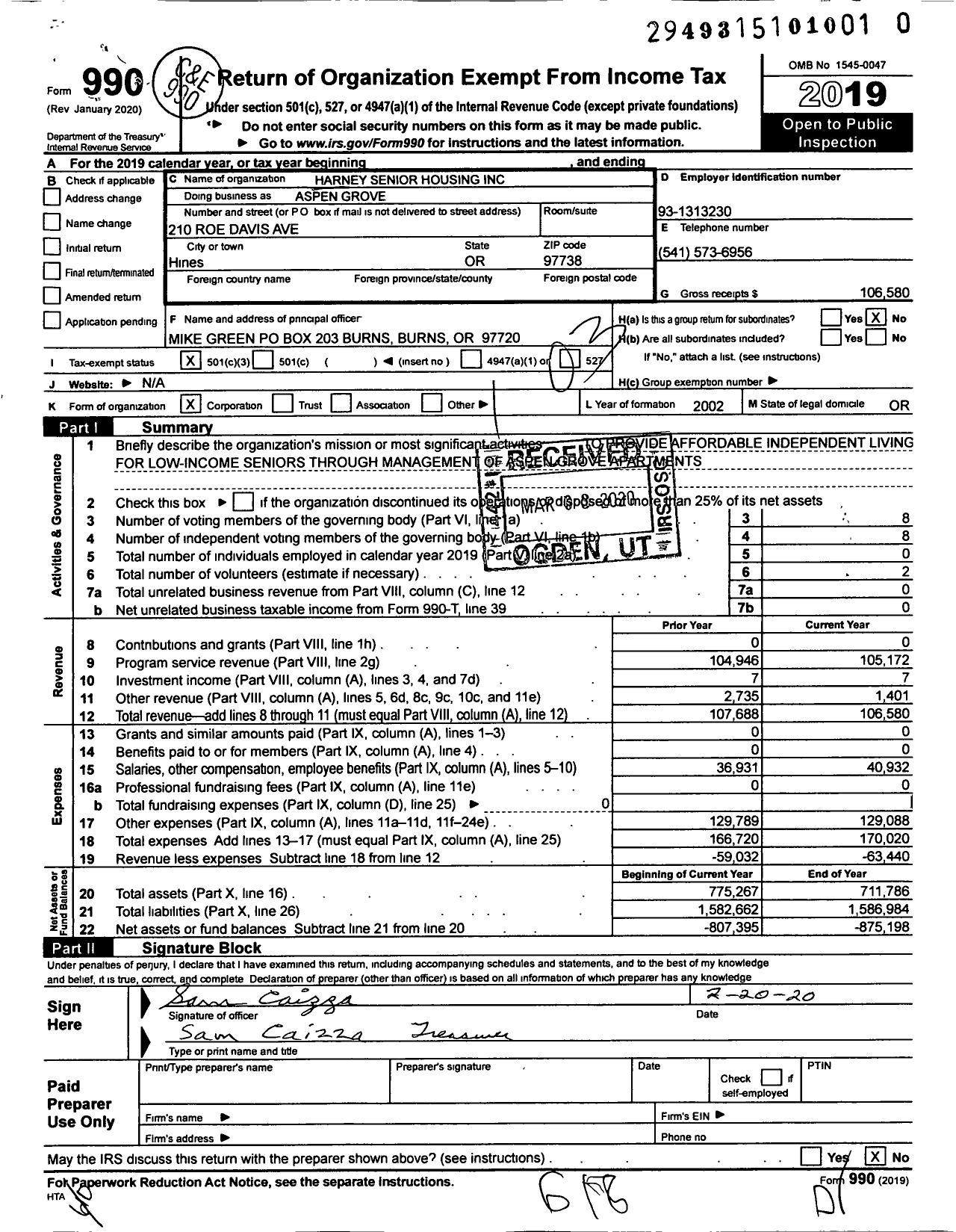 Image of first page of 2019 Form 990 for Aspen Grove