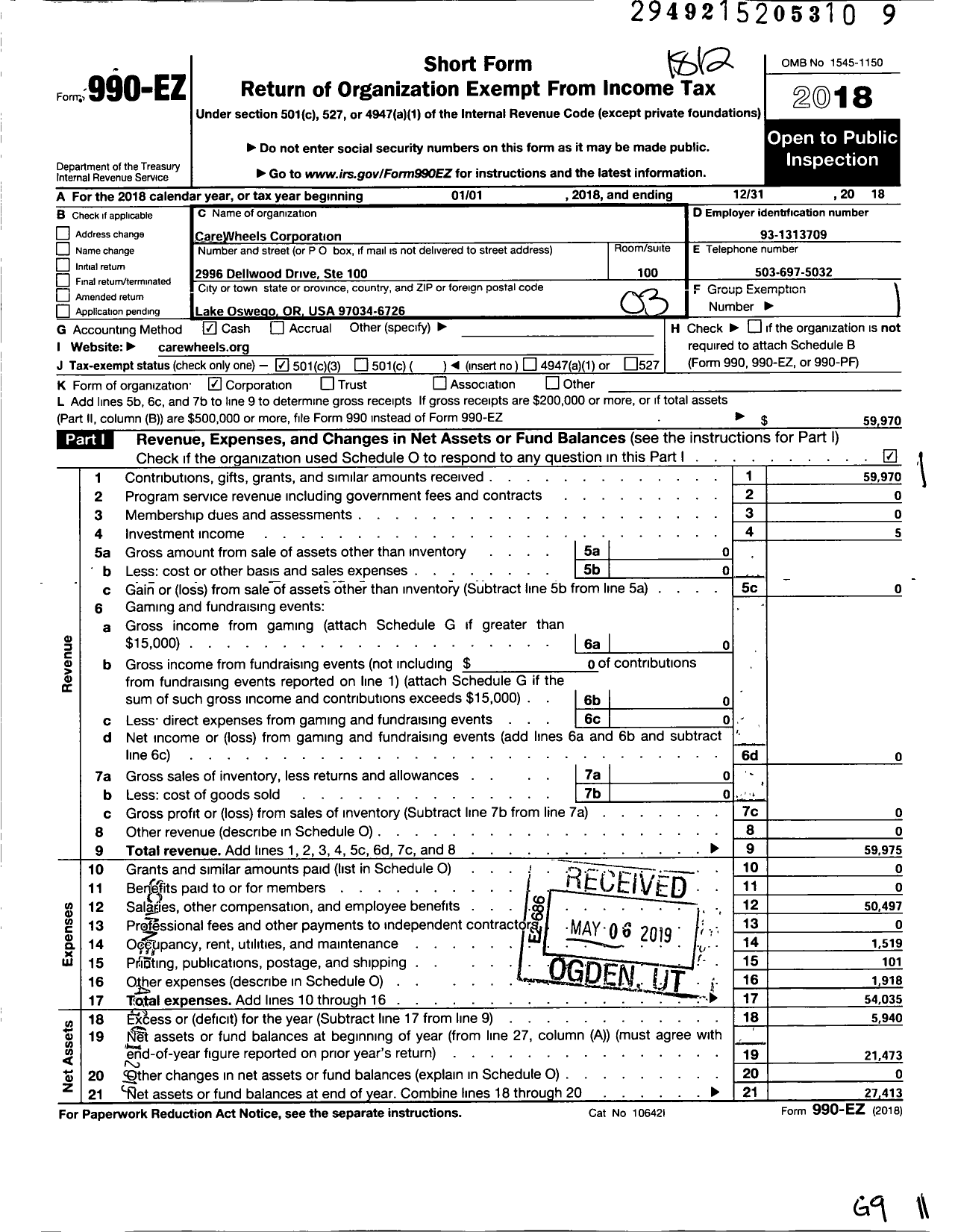 Image of first page of 2018 Form 990EZ for Carewheels Corporation