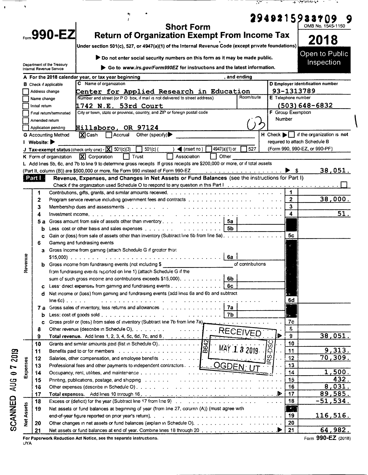 Image of first page of 2018 Form 990EZ for Center for Applied Research in Education