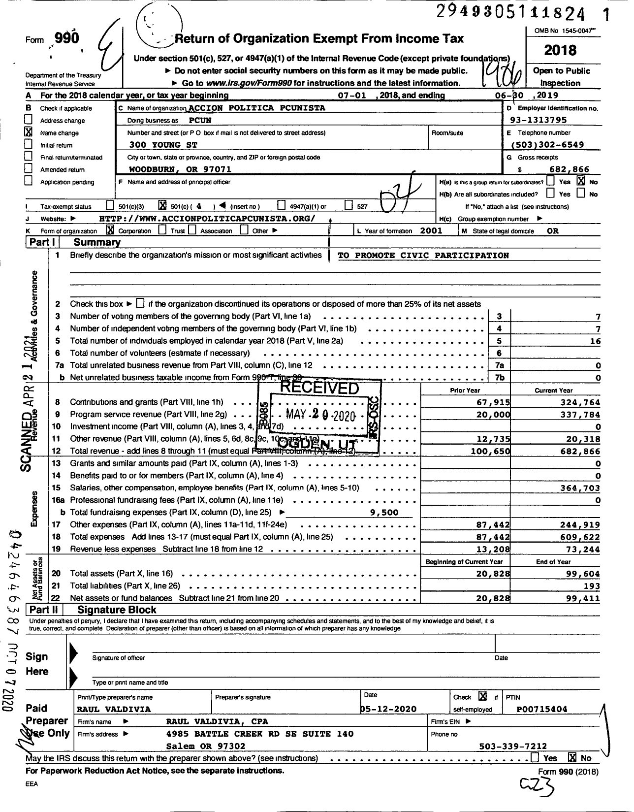 Image of first page of 2018 Form 990O for Pcunista