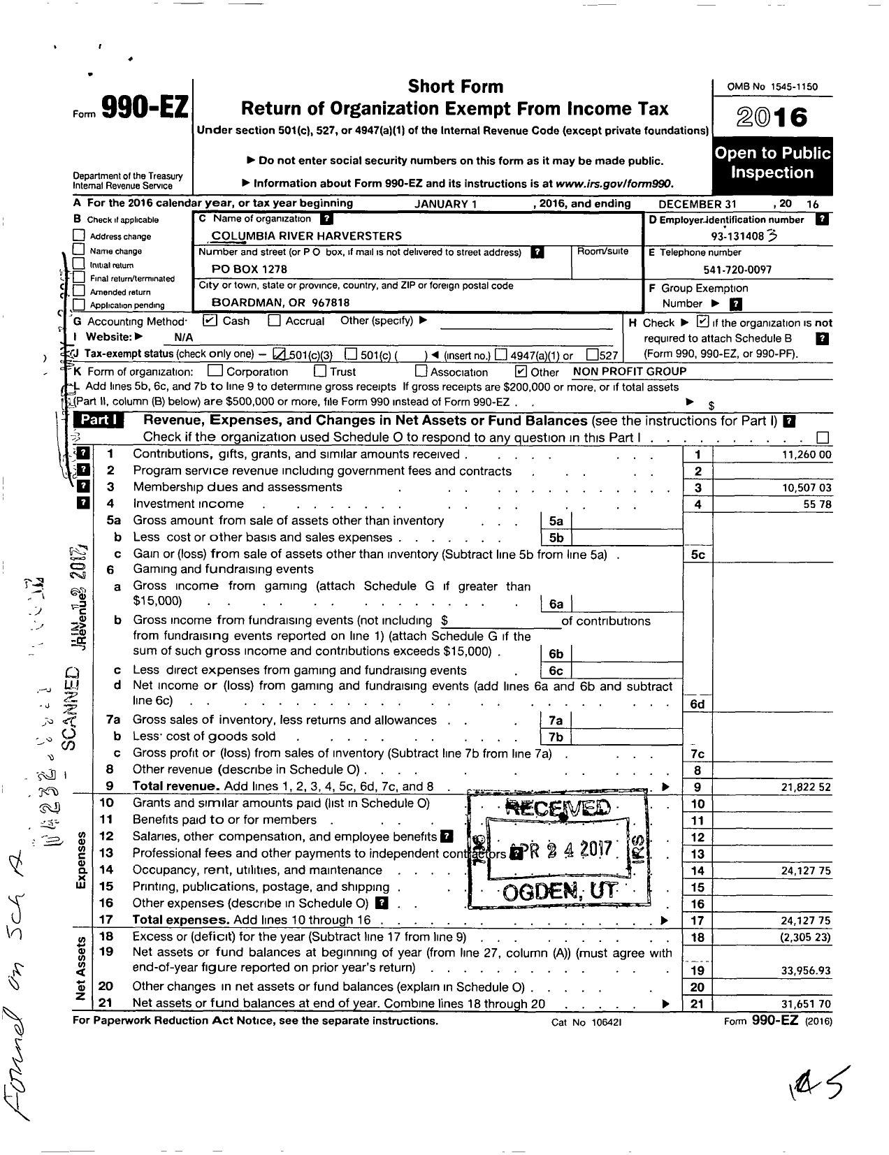 Image of first page of 2016 Form 990EZ for Columbia River Harvestors