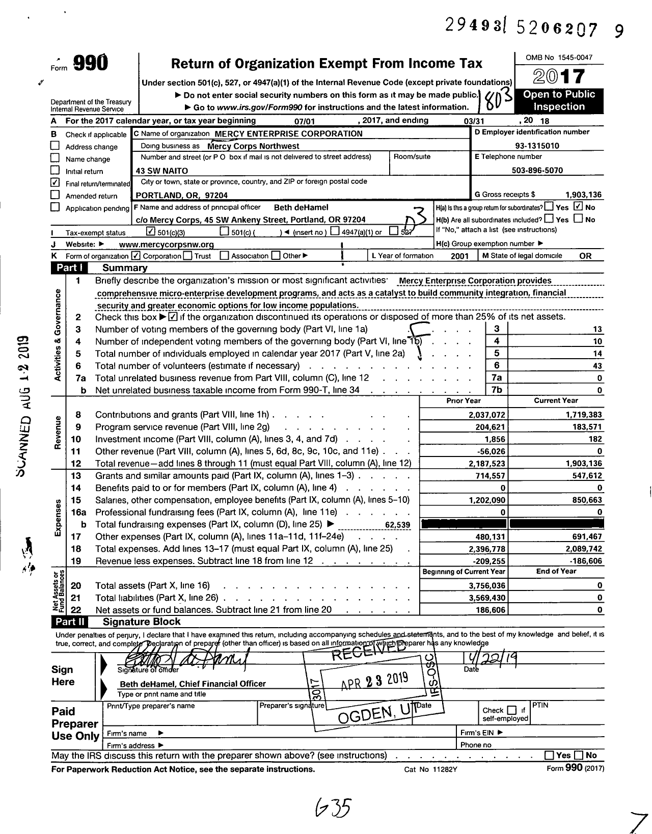 Image of first page of 2017 Form 990 for Mercy Enterprise Corporation