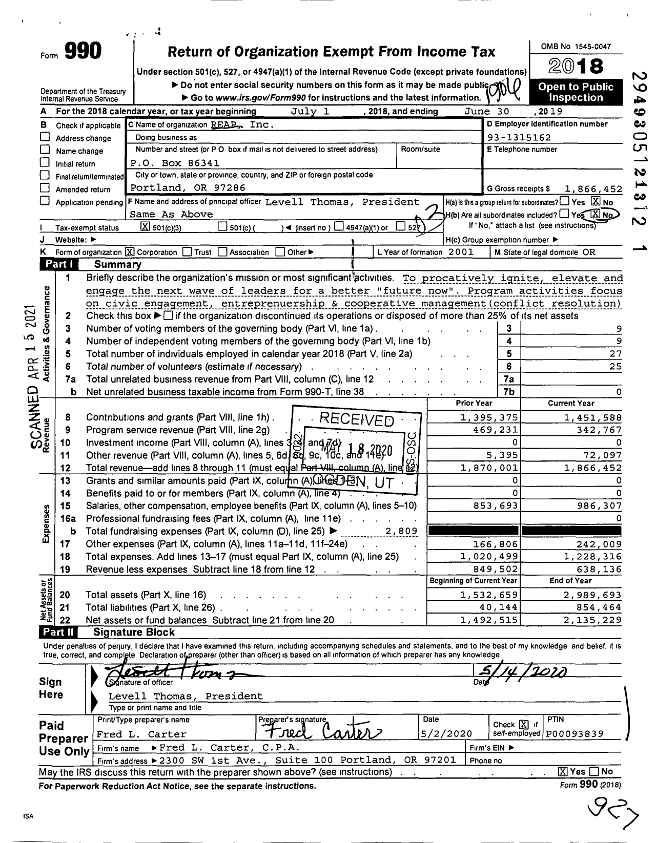 Image of first page of 2018 Form 990 for Reap