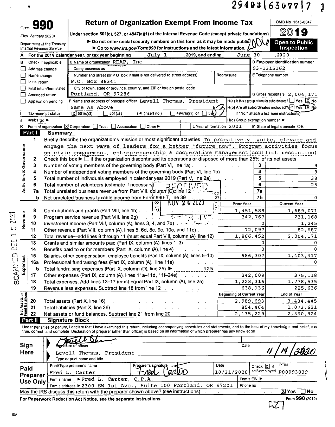 Image of first page of 2019 Form 990 for Reap