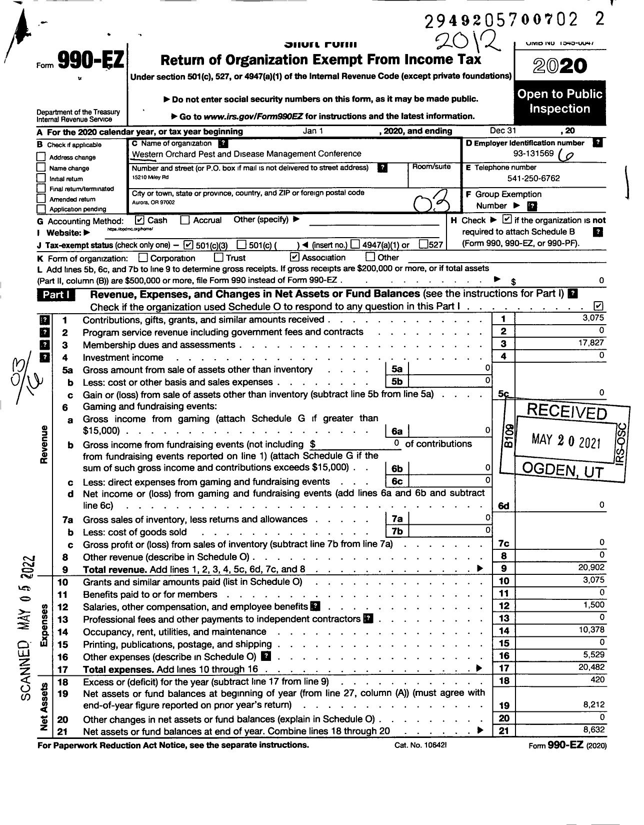 Image of first page of 2020 Form 990EZ for Western Orchard Pest and Disease Management Conference