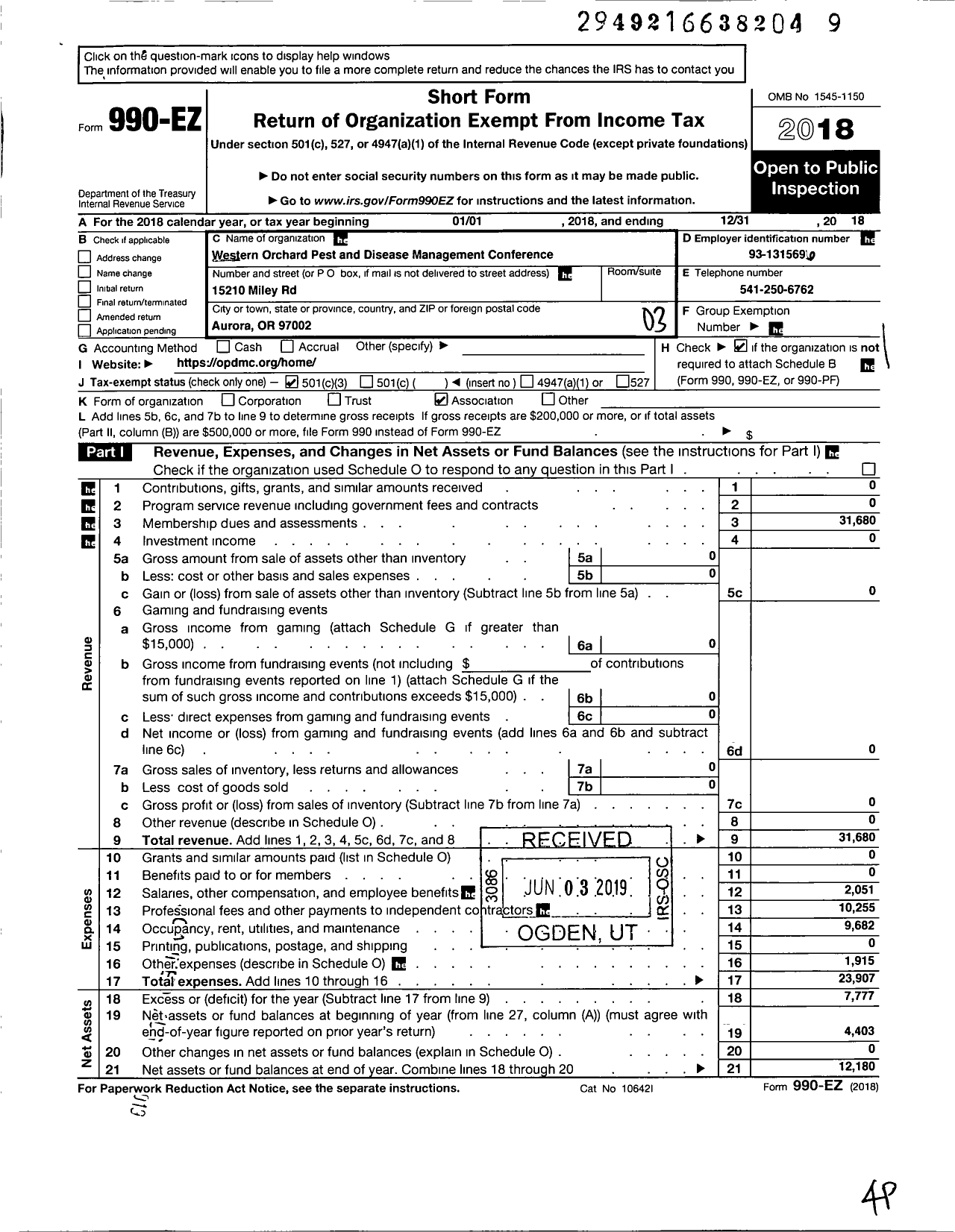 Image of first page of 2018 Form 990EZ for Western Orchard Pest and Disease Management Conference