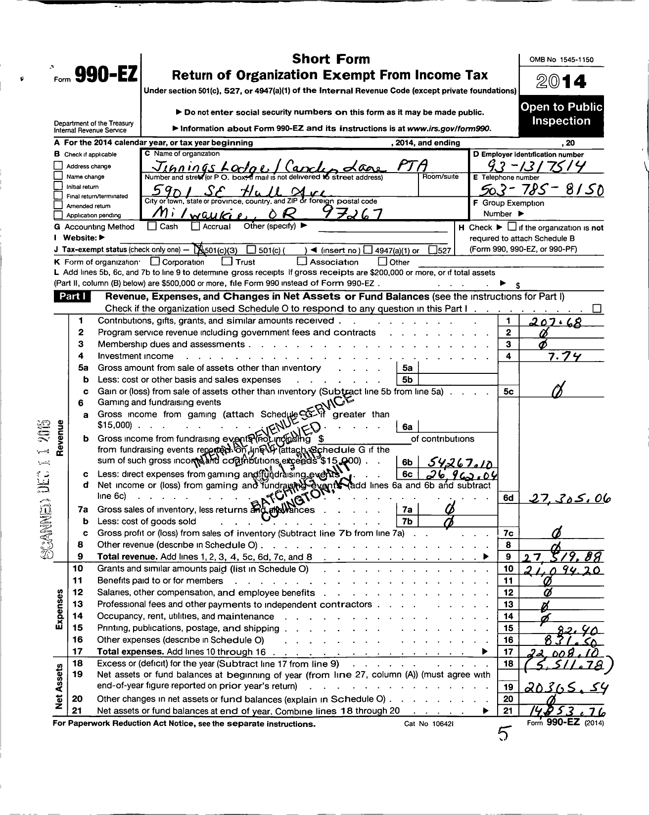 Image of first page of 2014 Form 990EZ for PTA Oregon Congress / Jennings Lodge-Candy Lane