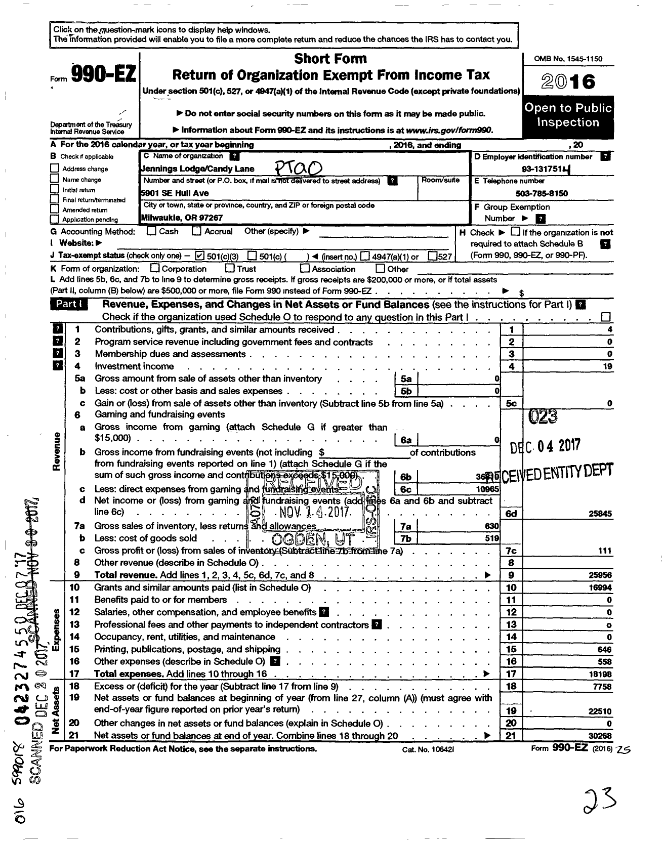 Image of first page of 2016 Form 990EZ for PTA Oregon Congress / Jennings Lodge-Candy Lane