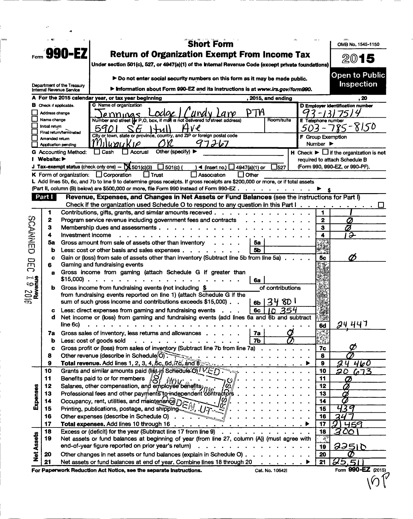 Image of first page of 2015 Form 990EZ for PTA Oregon Congress / Jennings Lodge-Candy Lane