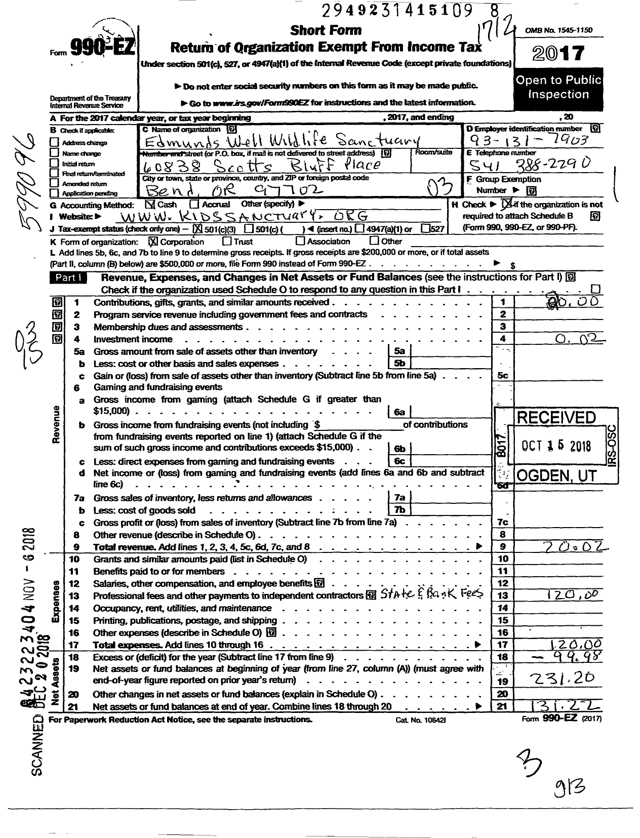 Image of first page of 2017 Form 990EZ for Edmunds Well Wildlife Sanctuary