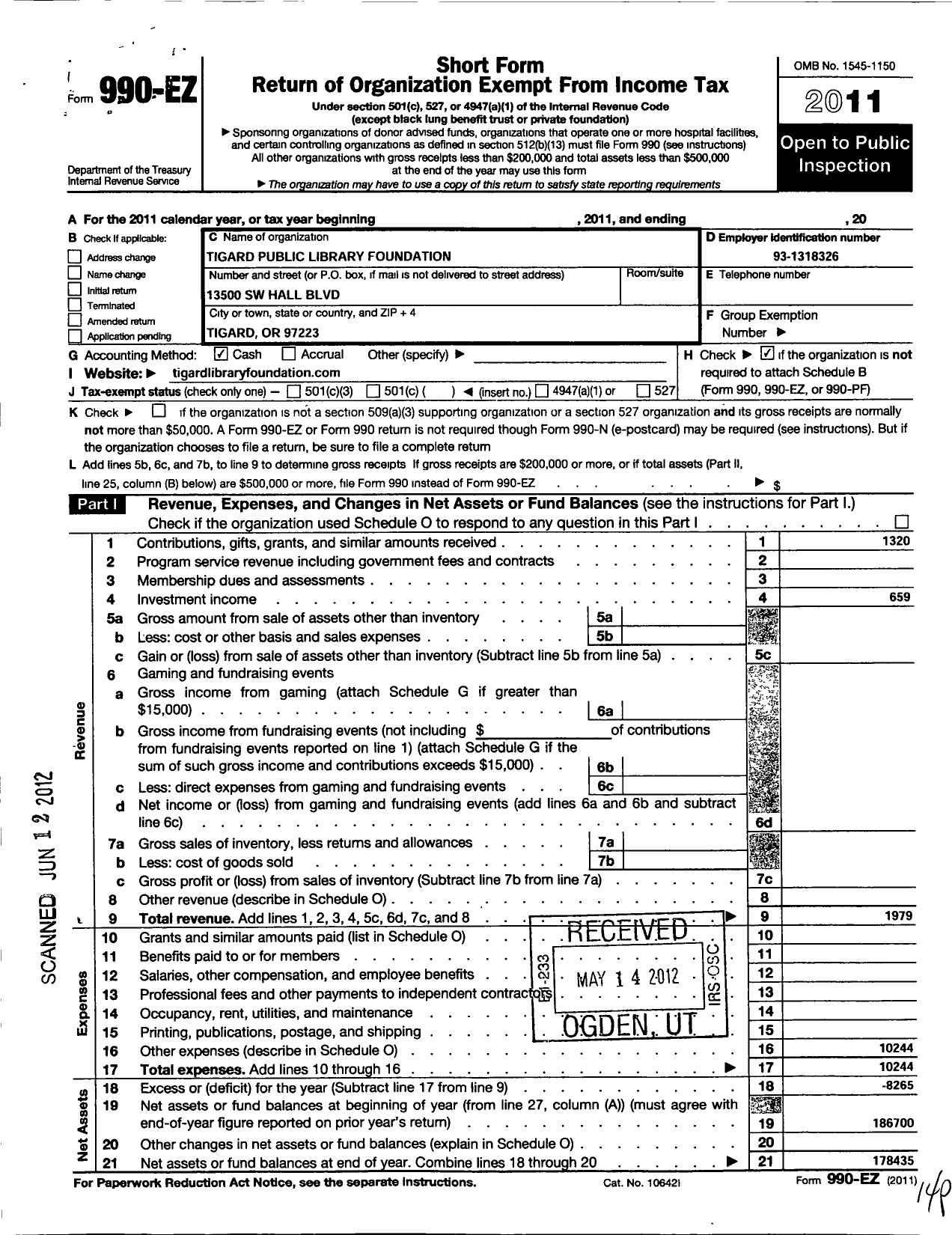 Image of first page of 2011 Form 990EO for Tigard Public Library Foundation