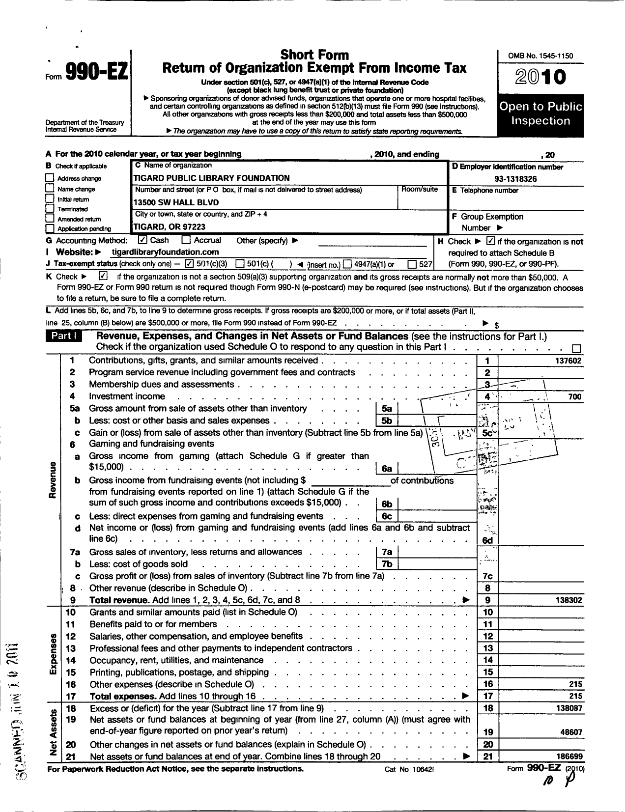 Image of first page of 2010 Form 990EZ for Tigard Public Library Foundation