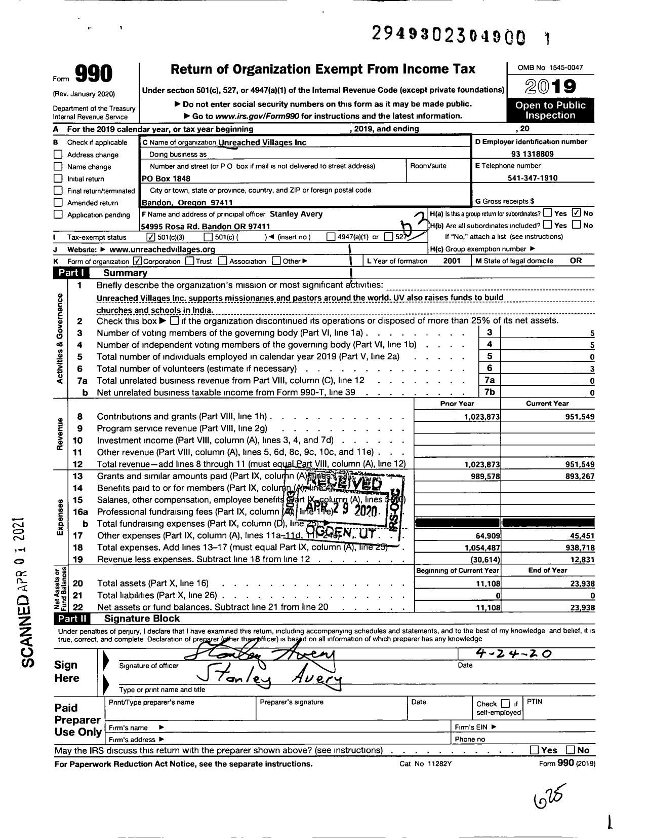 Image of first page of 2019 Form 990 for Unreached Villages