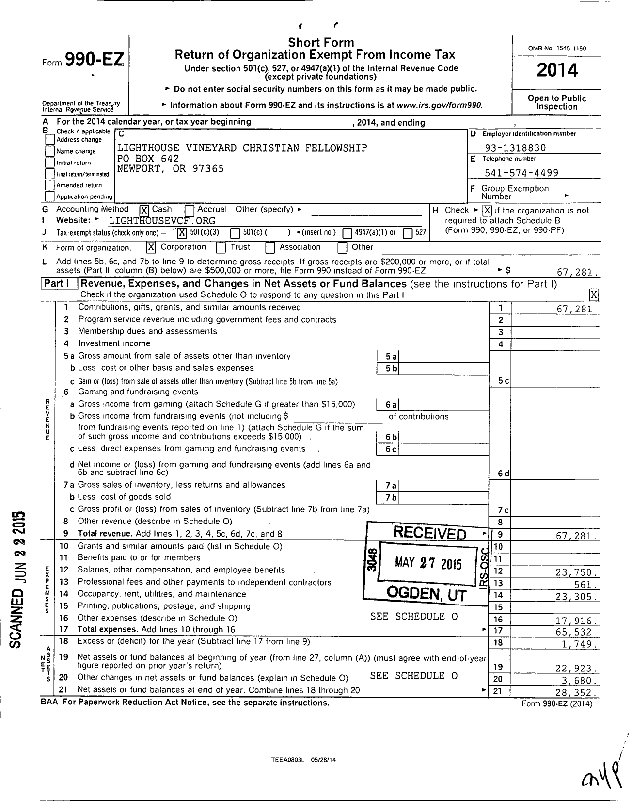 Image of first page of 2014 Form 990EZ for Lighthouse Vineyard Christian Fellowship