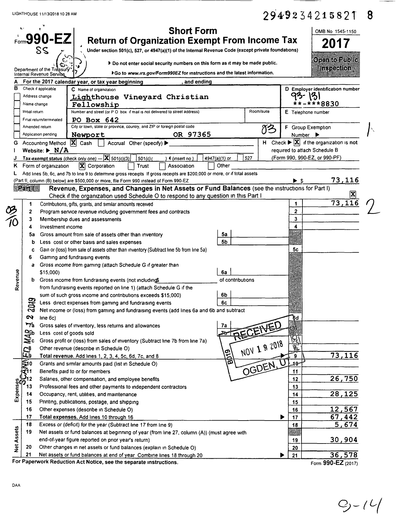 Image of first page of 2017 Form 990EZ for Lighthouse Vineyard Christian Fellowship