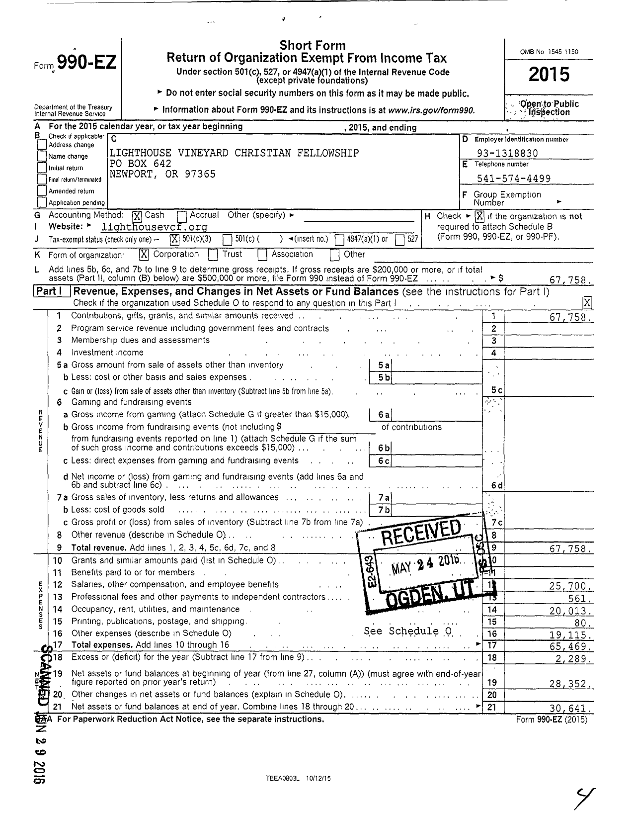 Image of first page of 2015 Form 990EZ for Lighthouse Vineyard Christian Fellowship