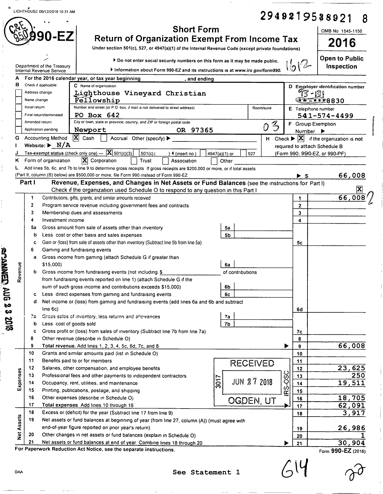 Image of first page of 2016 Form 990EZ for Lighthouse Vineyard Christian Fellowship