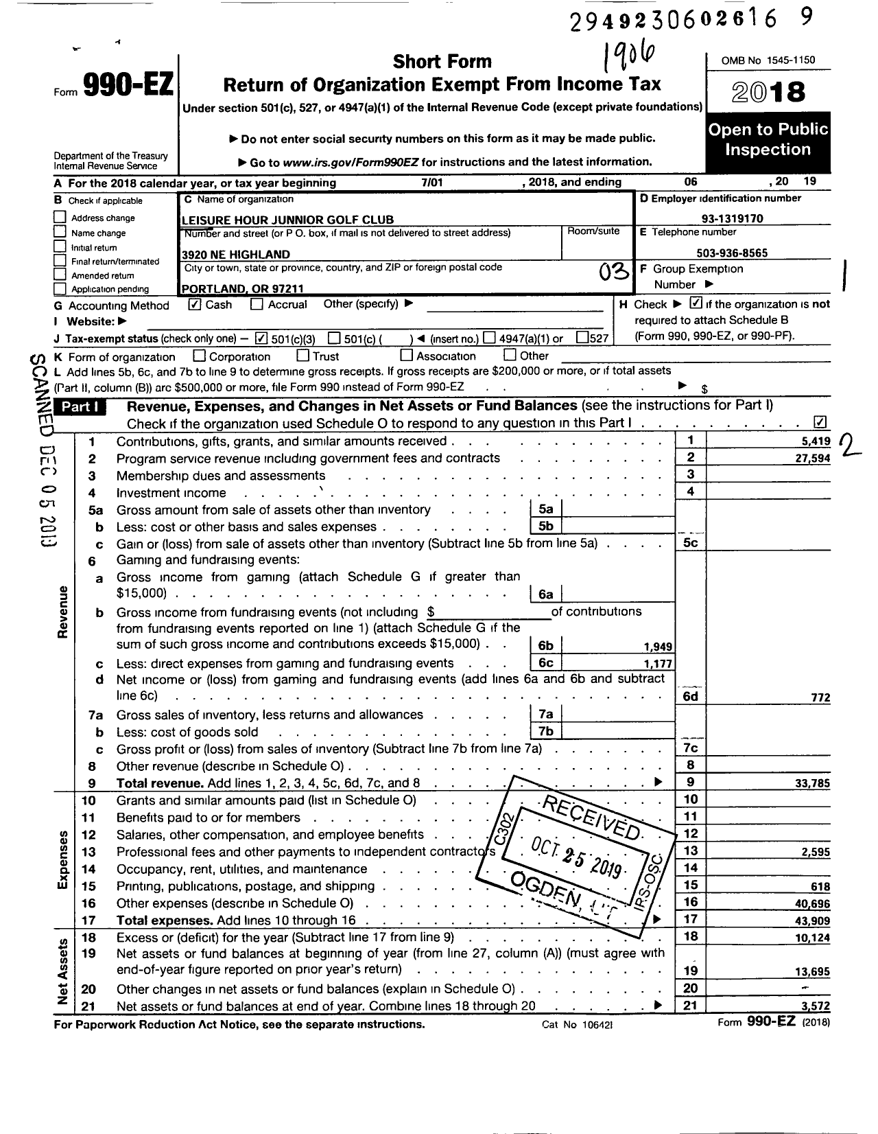 Image of first page of 2018 Form 990EZ for Leisure Hour Junior Golf Club