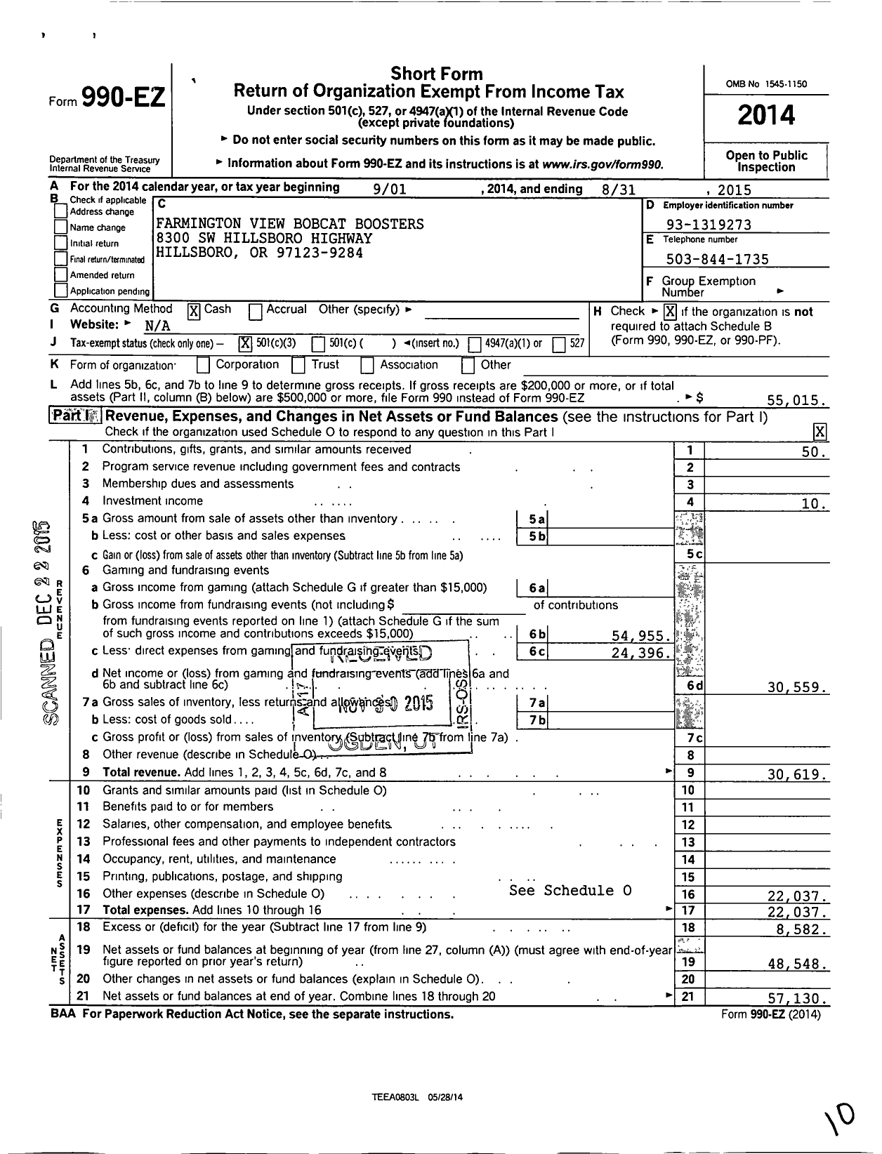 Image of first page of 2014 Form 990EZ for Farmington View Bobcat Boostrs