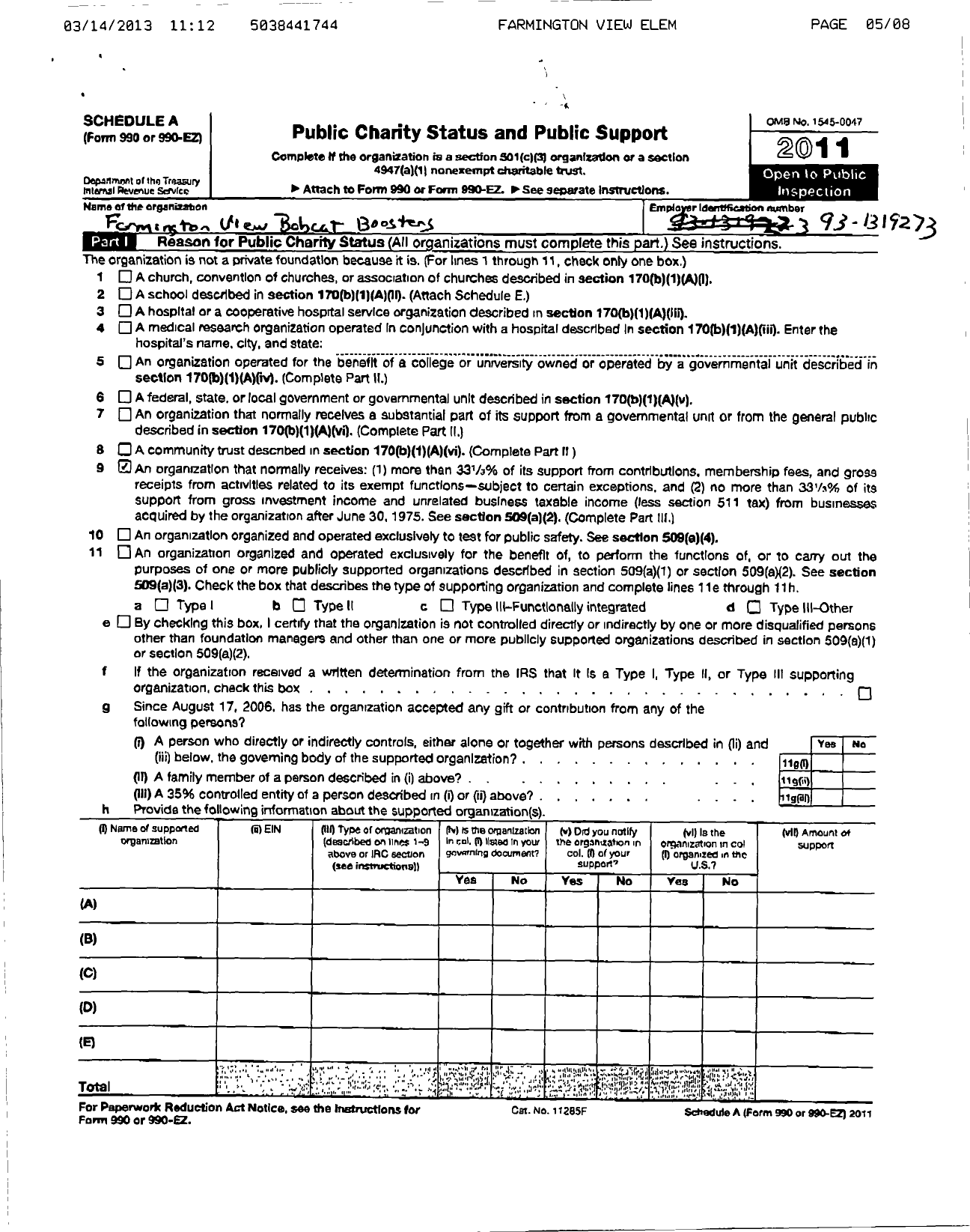 Image of first page of 2011 Form 990ER for Farmington View Bobcat Boostrs