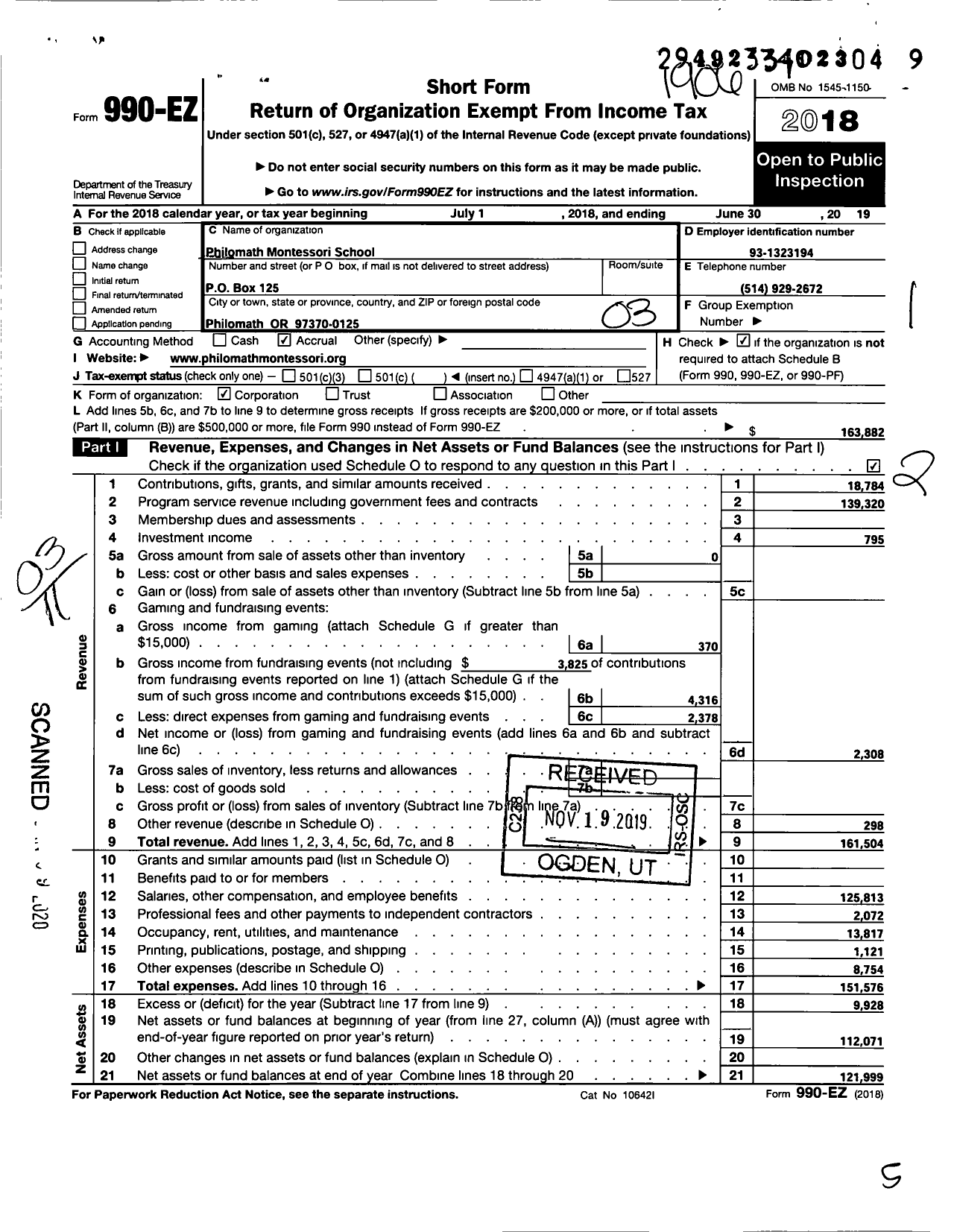 Image of first page of 2018 Form 990EZ for Philomath Montessori School