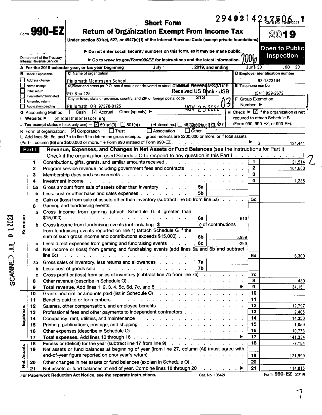 Image of first page of 2019 Form 990EZ for Philomath Montessori School