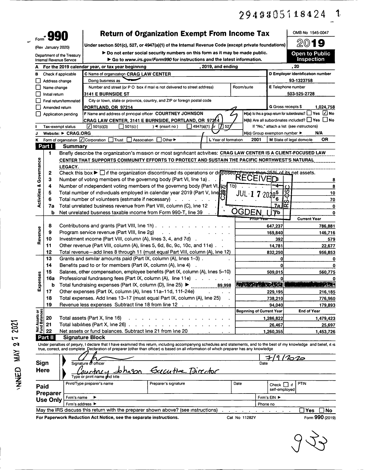 Image of first page of 2019 Form 990 for Crag Law Center