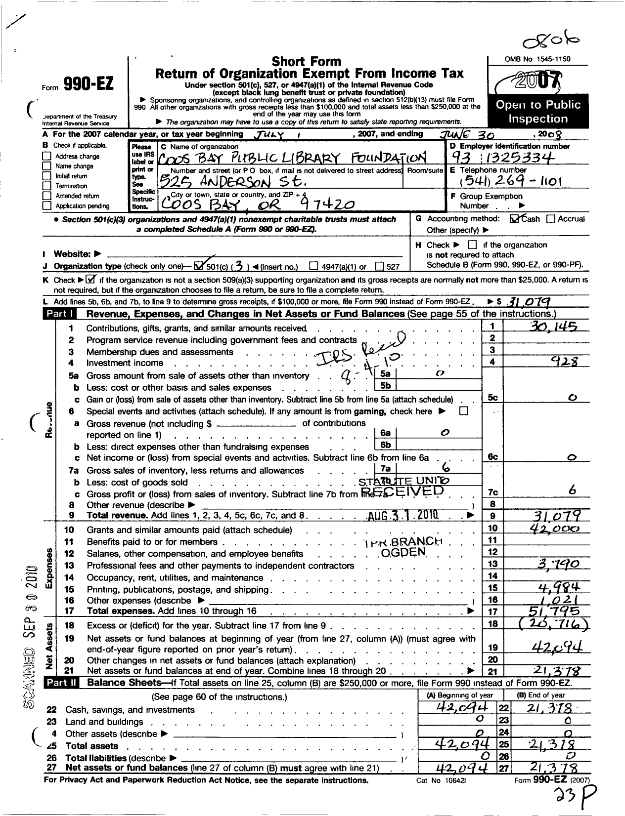 Image of first page of 2007 Form 990EZ for Coos Bay Public Library Foundation