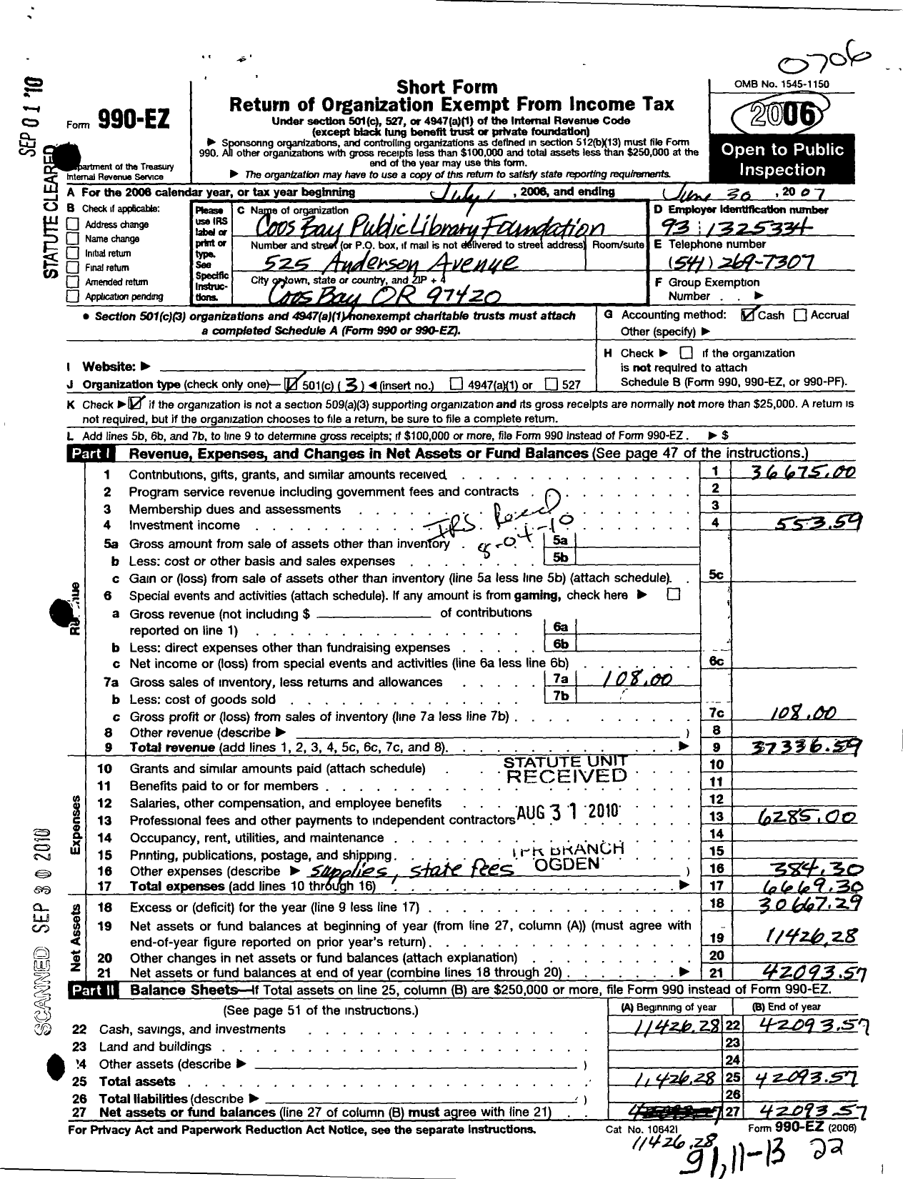 Image of first page of 2006 Form 990EZ for Coos Bay Public Library Foundation