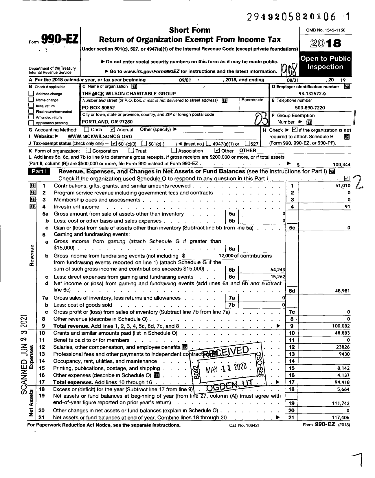 Image of first page of 2018 Form 990EZ for The Nick Wilson Charitable Group