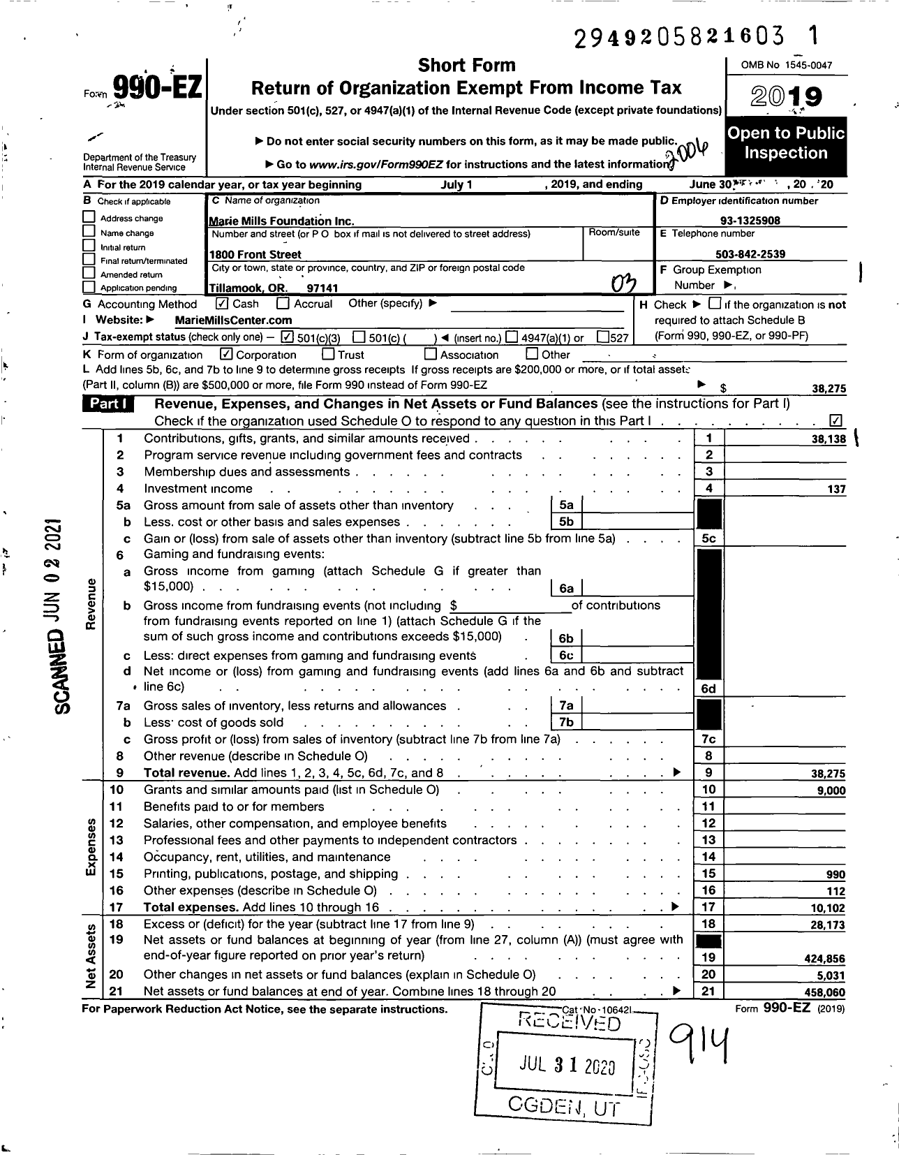 Image of first page of 2019 Form 990EZ for Marie Mills Foundation