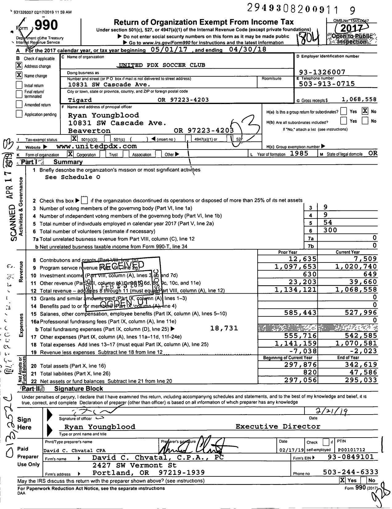 Image of first page of 2017 Form 990 for United PDX Soccer Club