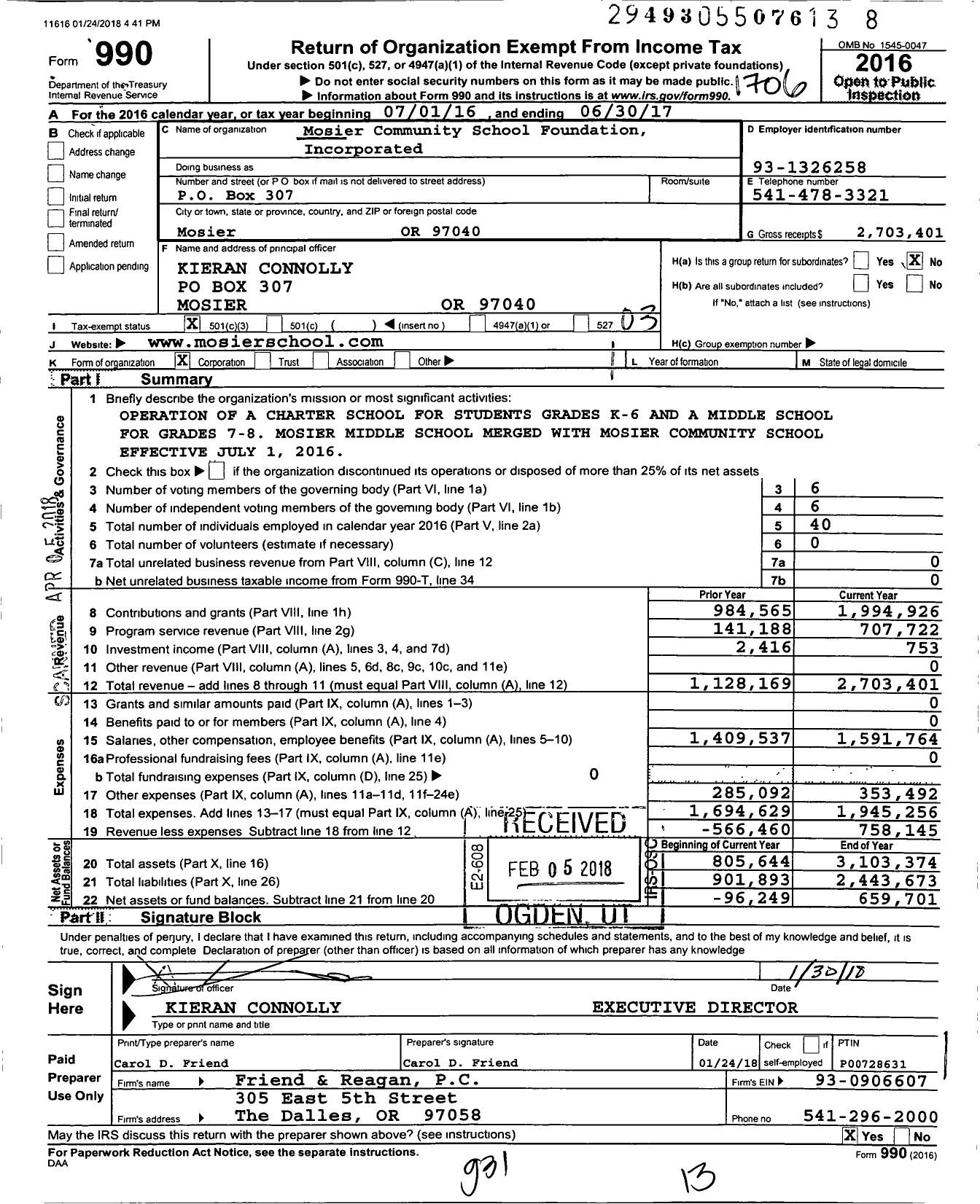 Image of first page of 2016 Form 990 for Mosier Community School Foundation