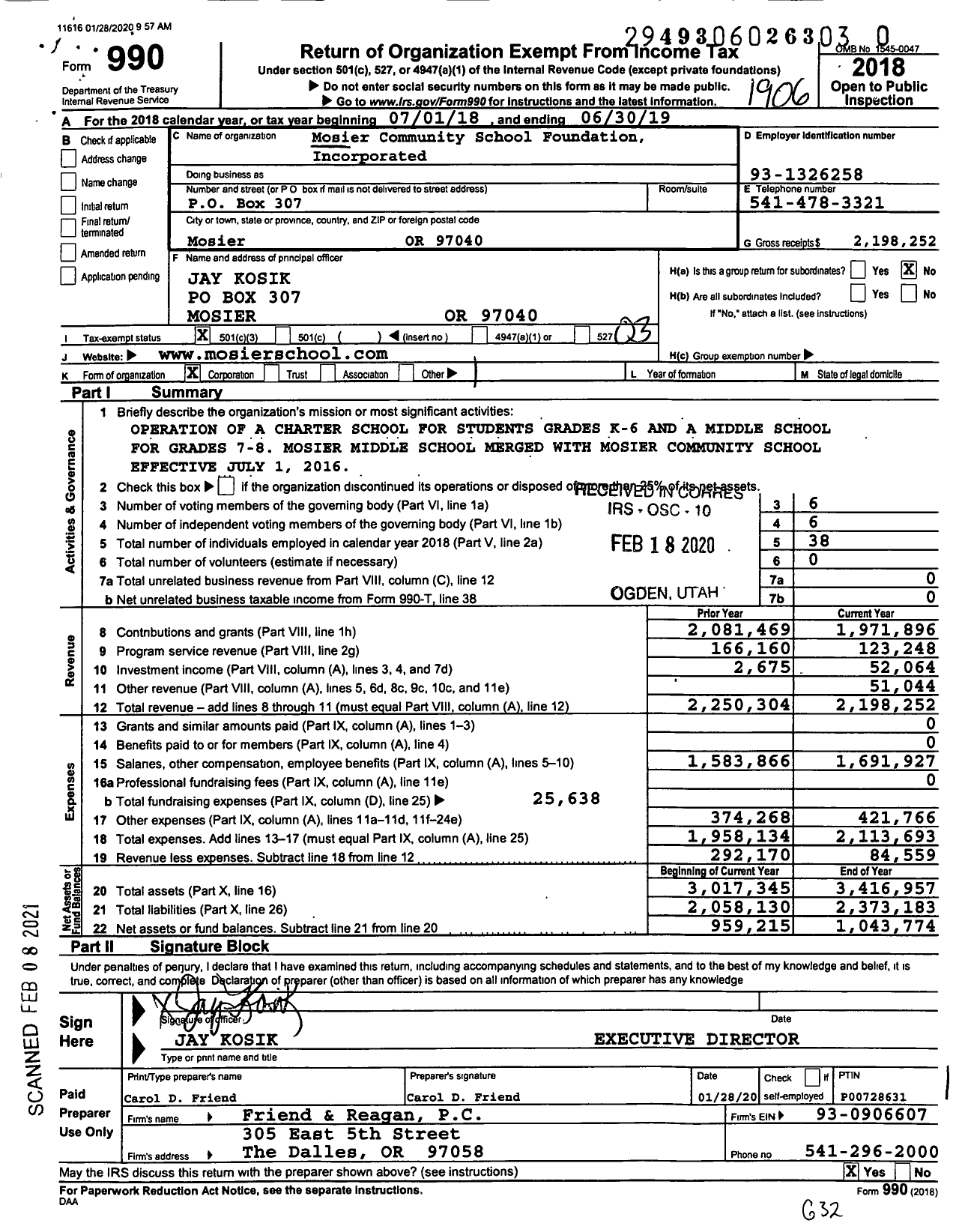 Image of first page of 2018 Form 990 for Mosier Community School Foundation
