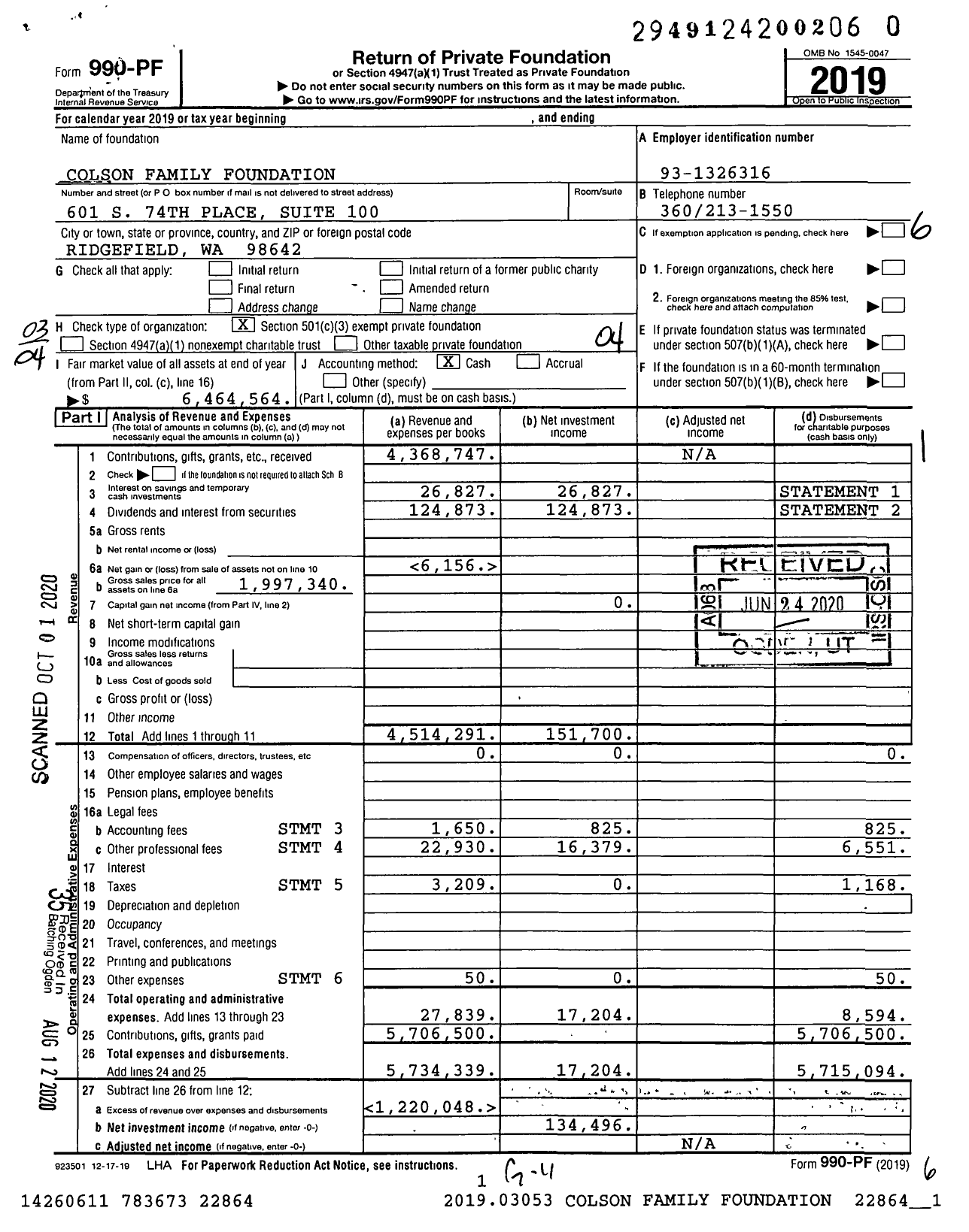 Image of first page of 2019 Form 990PR for Colson Family Foundation