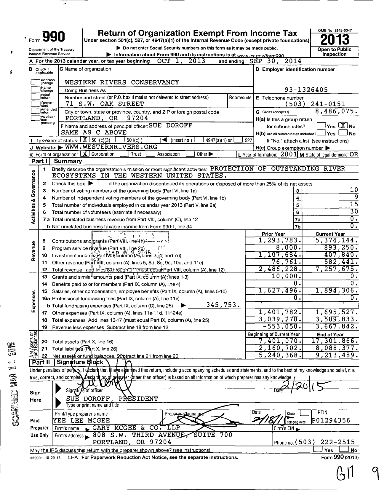 Image of first page of 2013 Form 990 for Western Rivers Conservancy