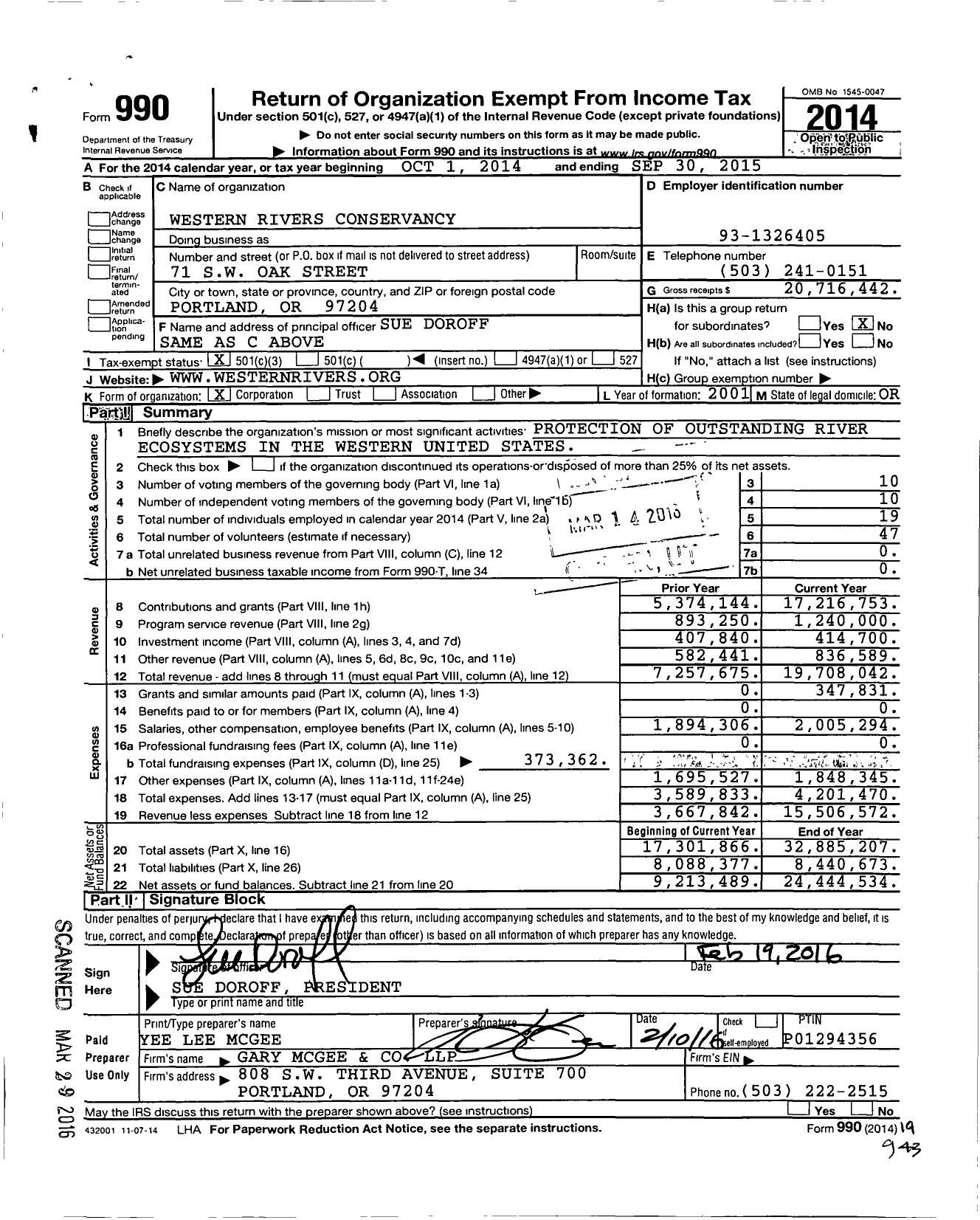 Image of first page of 2014 Form 990 for Western Rivers Conservancy