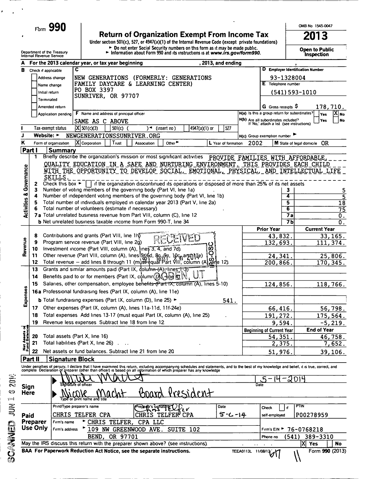 Image of first page of 2013 Form 990 for New Generations