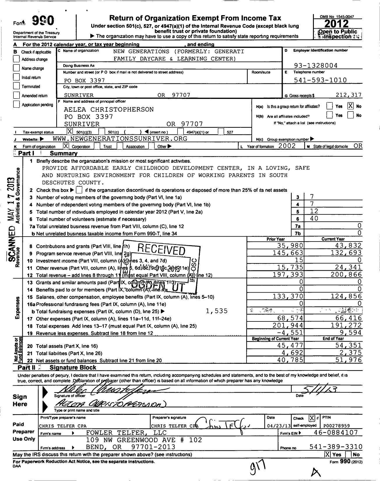 Image of first page of 2012 Form 990 for New Generations