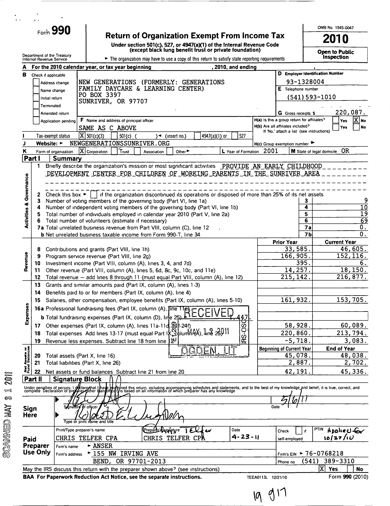 Image of first page of 2010 Form 990 for New Generations