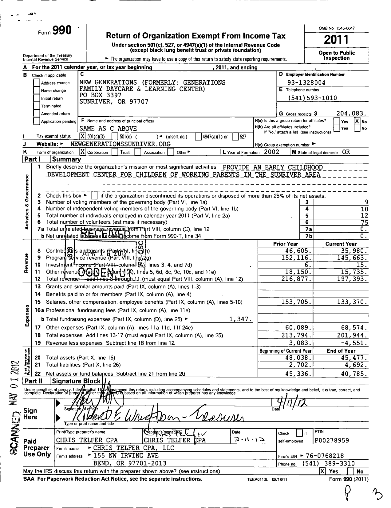 Image of first page of 2011 Form 990 for New Generations